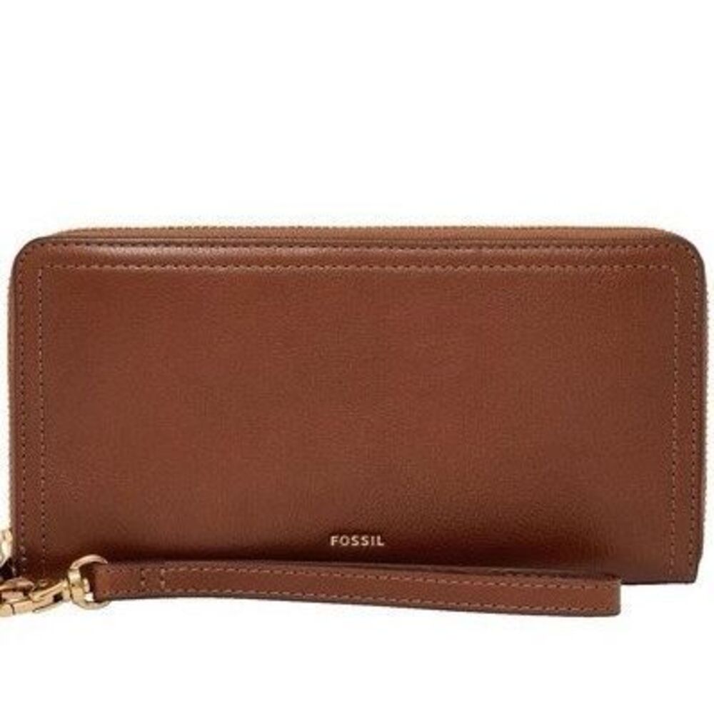 FOSSIL Women’s Brown Sidney Leather Zip Clutch Wallet with Wristlet Strap
